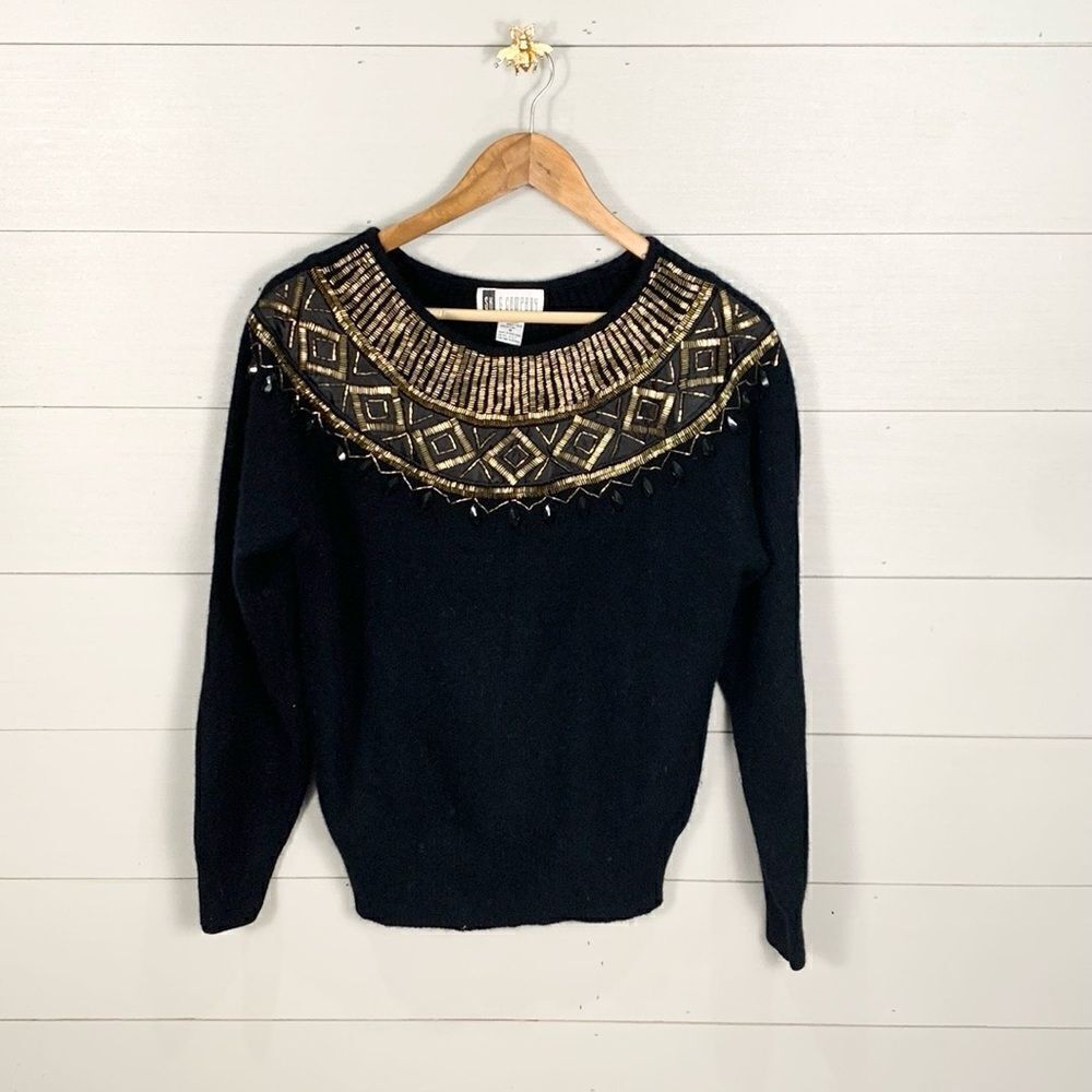 Vintage lambs wool and angora black sweater with gold beaded detailing size M